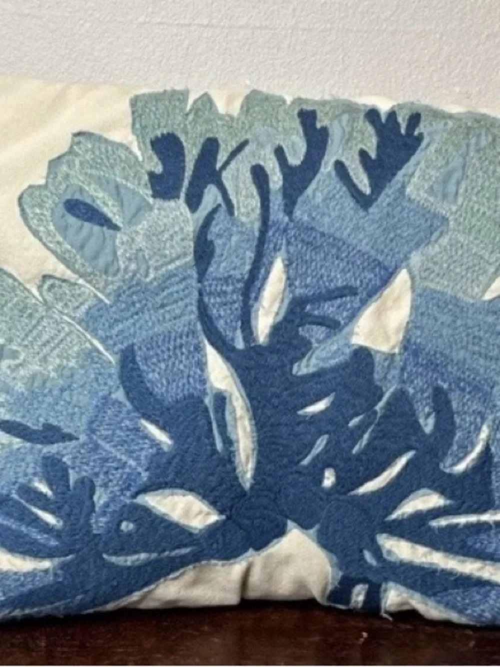Pottery Barn Blue and Cream Coral Embroidered Throw Pillow Cover